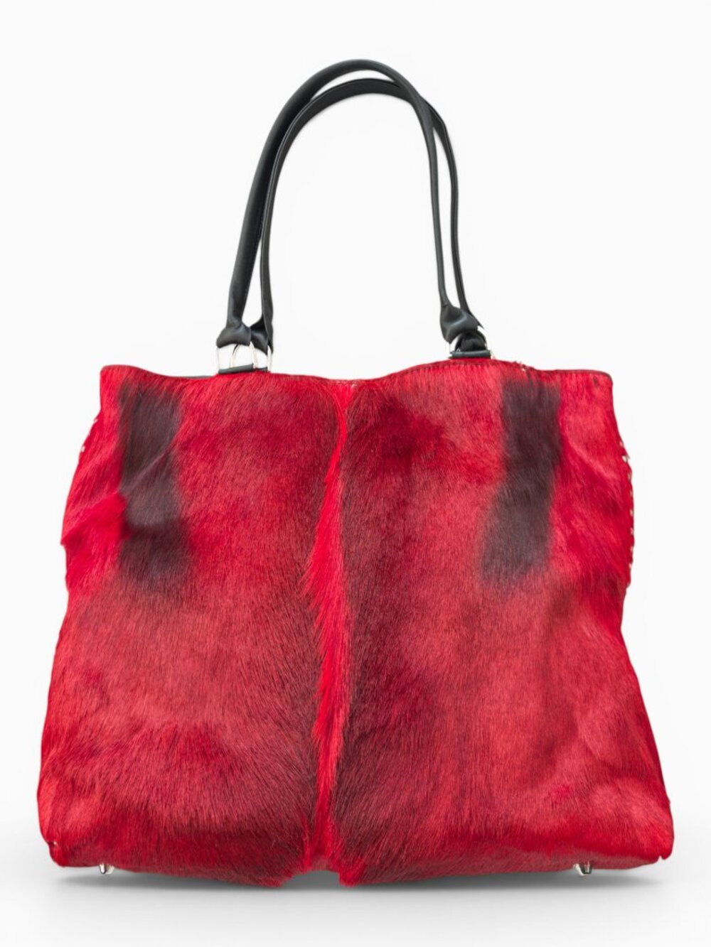 King Ranch Red-Dyed Springbok Tote, Black Leather Trim, Chrome Studs